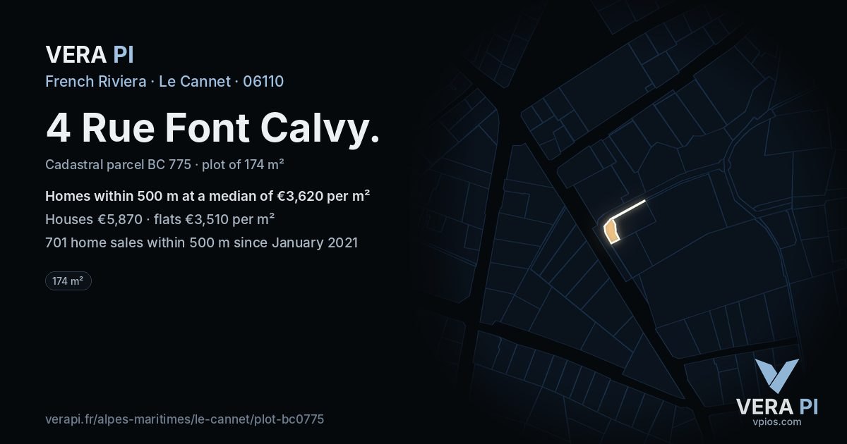 4 Rue Font Calvy, Le Cannet at night – the plot lit, the parcels around coloured by the prices near them