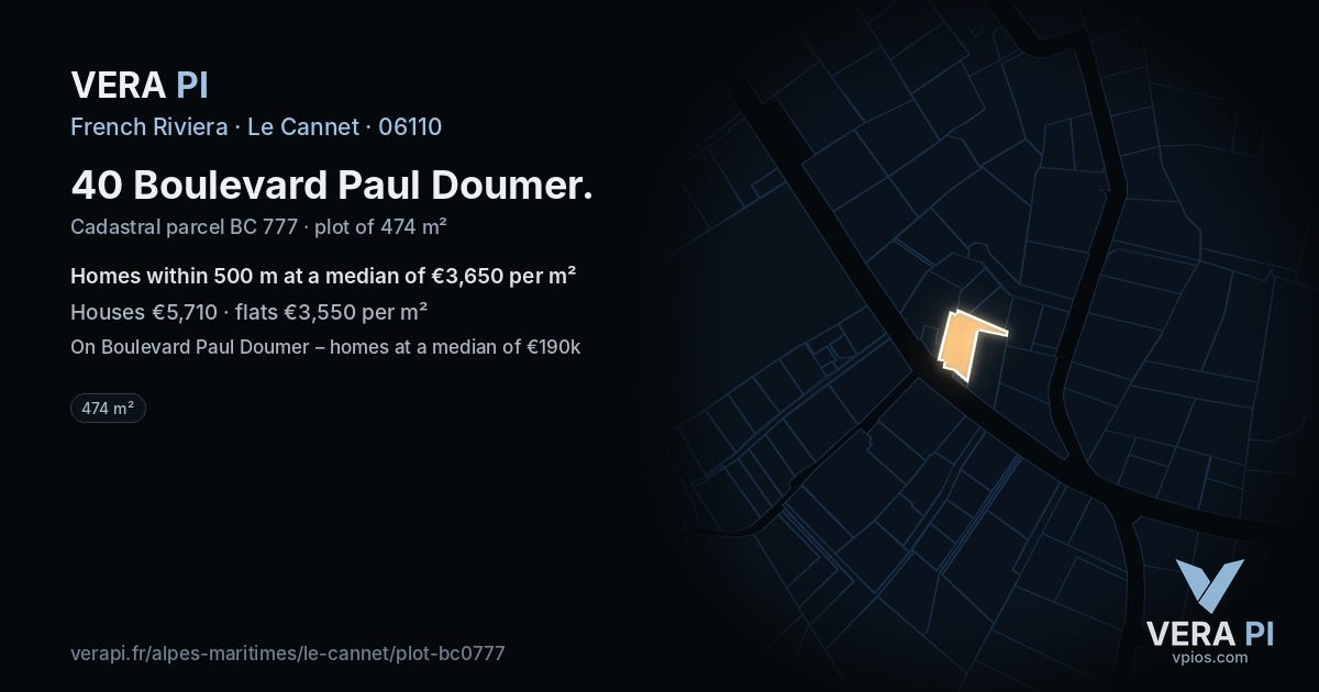 40 Boulevard Paul Doumer, Le Cannet at night – the plot lit, the parcels around coloured by the prices near them