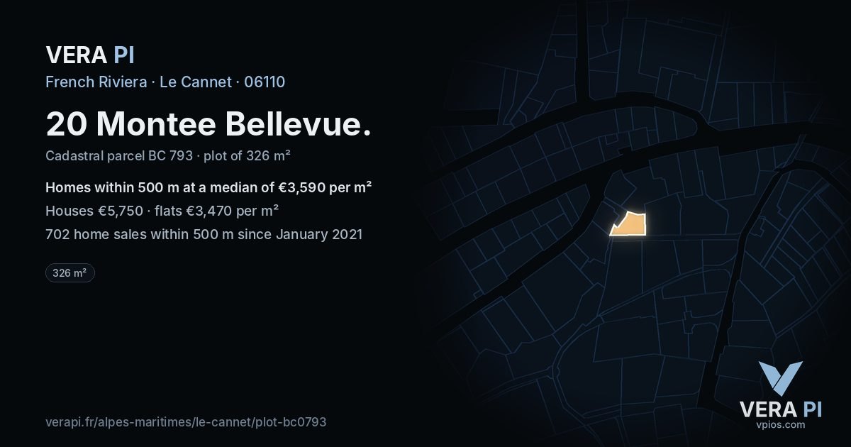 20 Montee Bellevue, Le Cannet at night – the plot lit, the parcels around coloured by the prices near them