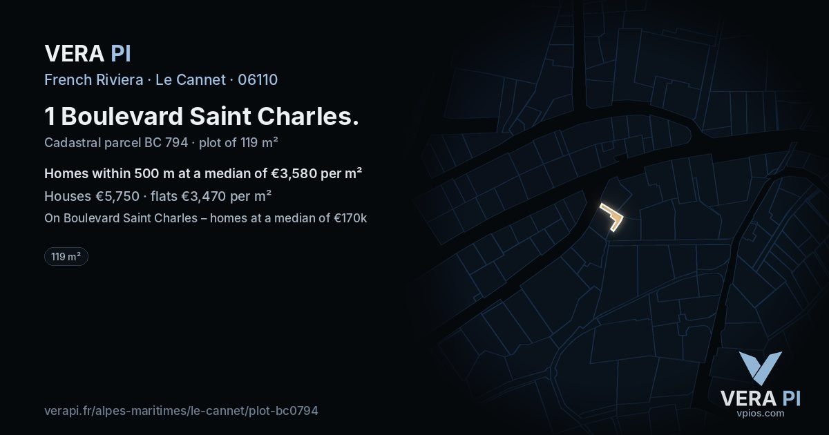 1 Boulevard Saint Charles, Le Cannet at night – the plot lit, the parcels around coloured by the prices near them