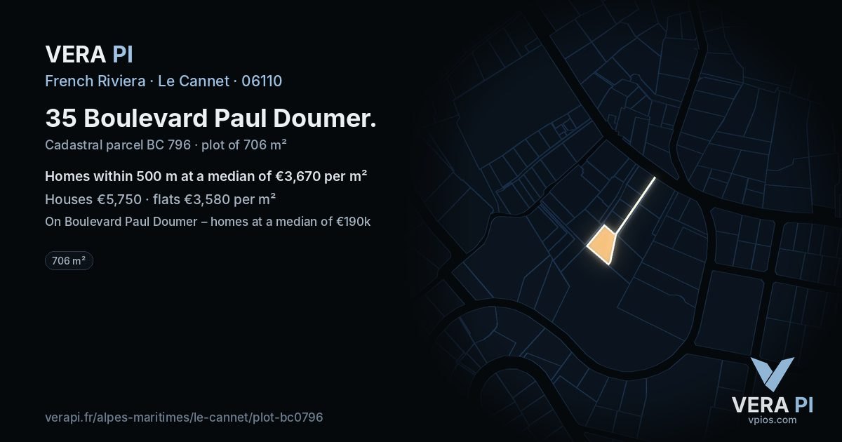35 Boulevard Paul Doumer, Le Cannet at night – the plot lit, the parcels around coloured by the prices near them