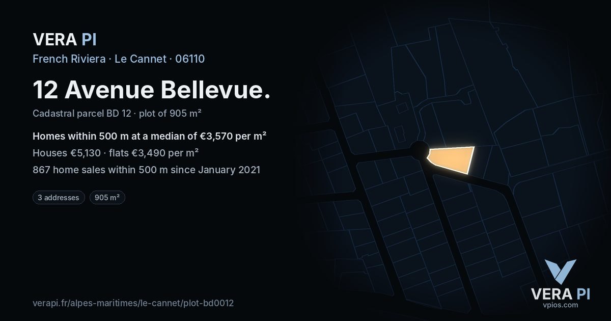 12 Avenue Bellevue, Le Cannet at night – the plot lit, the parcels around coloured by the prices near them