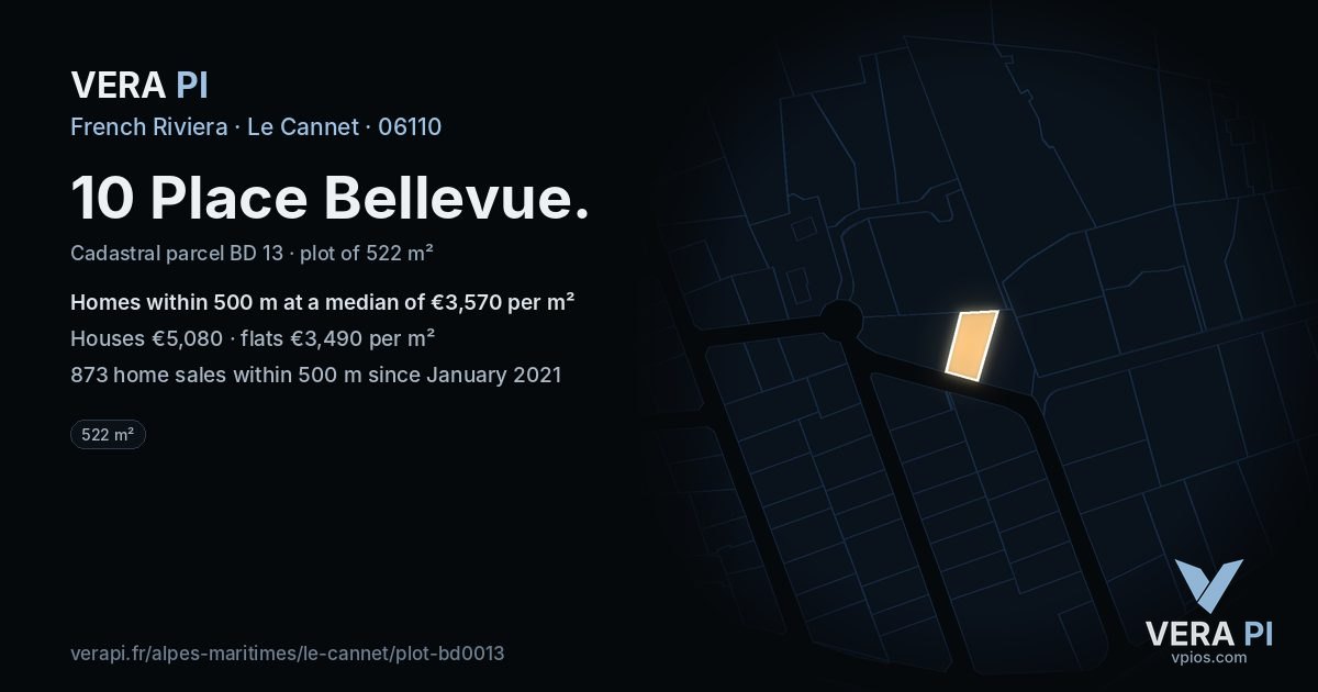 10 Place Bellevue, Le Cannet at night – the plot lit, the parcels around coloured by the prices near them