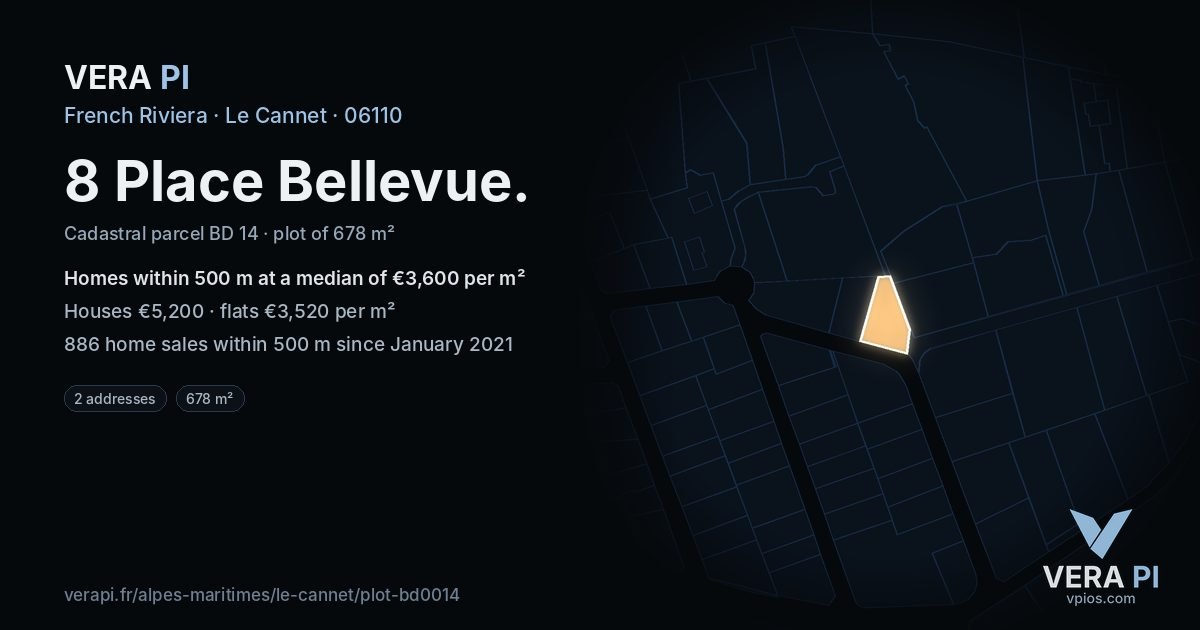 8 Place Bellevue, Le Cannet at night – the plot lit, the parcels around coloured by the prices near them