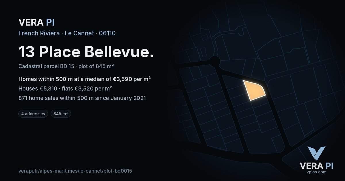 13 Place Bellevue, Le Cannet at night – the plot lit, the parcels around coloured by the prices near them