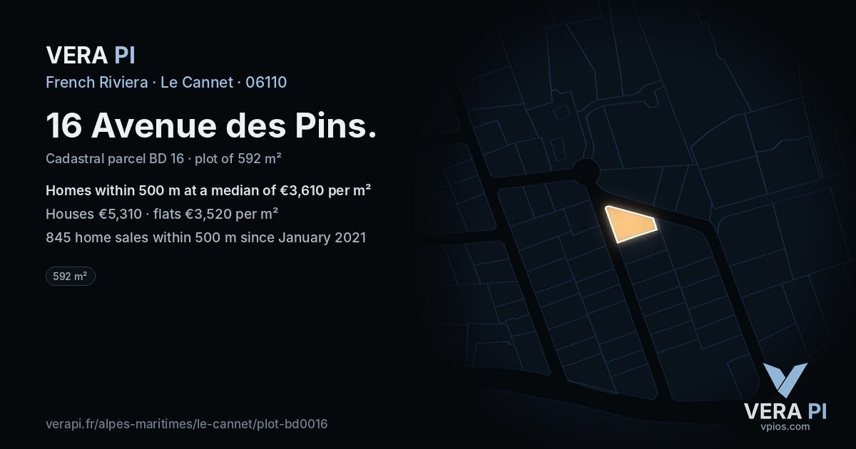 16 Avenue des Pins, Le Cannet at night – the plot lit, the parcels around coloured by the prices near them
