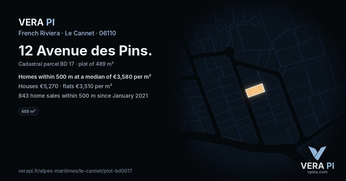 12 Avenue des Pins, Le Cannet at night – the plot lit, the parcels around coloured by the prices near them