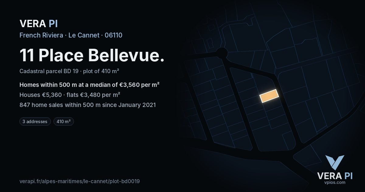 11 Place Bellevue, Le Cannet at night – the plot lit, the parcels around coloured by the prices near them