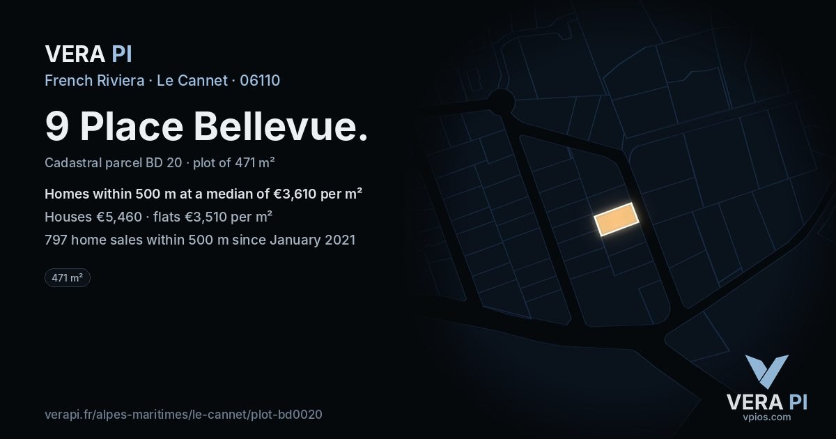 9 Place Bellevue, Le Cannet at night – the plot lit, the parcels around coloured by the prices near them