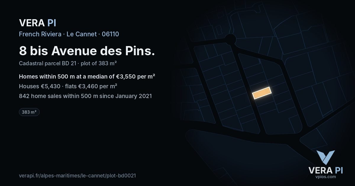 8 bis Avenue des Pins, Le Cannet at night – the plot lit, the parcels around coloured by the prices near them
