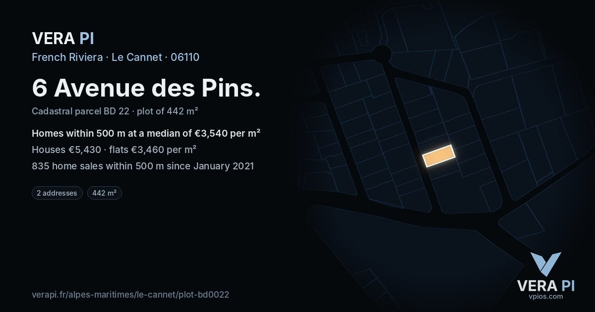 6 Avenue des Pins, Le Cannet at night – the plot lit, the parcels around coloured by the prices near them