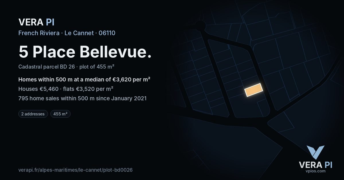 5 Place Bellevue, Le Cannet at night – the plot lit, the parcels around coloured by the prices near them