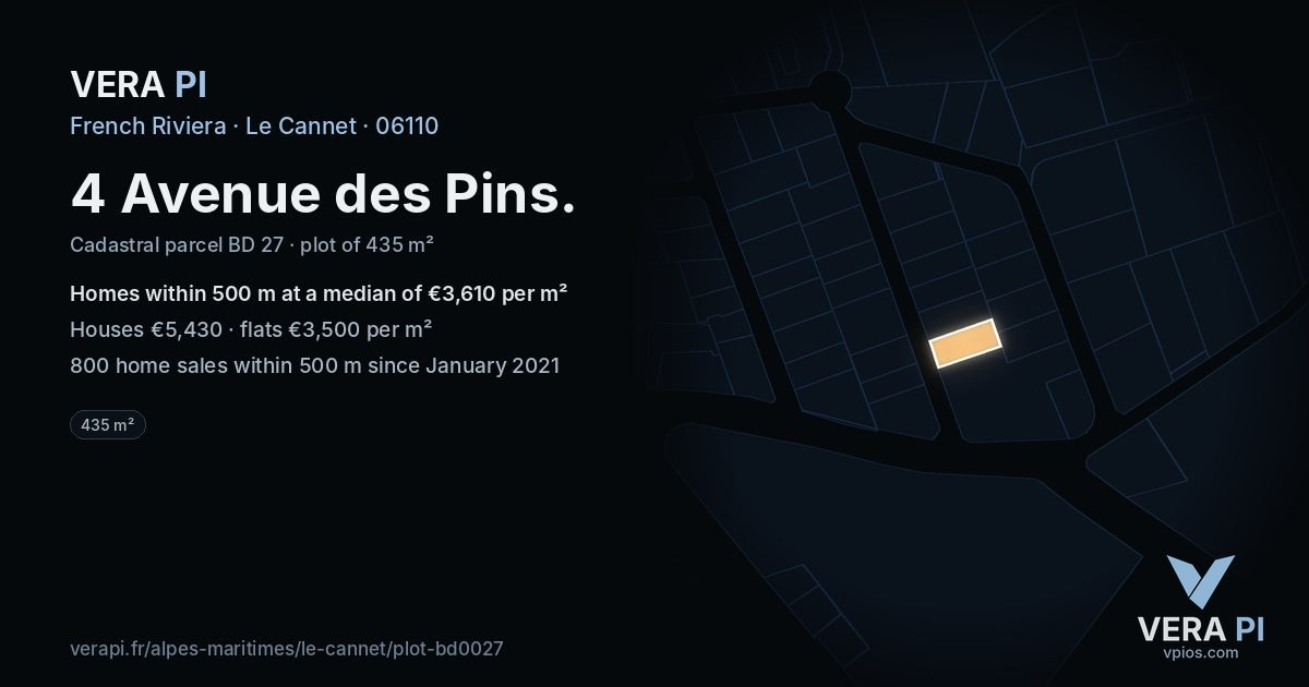 4 Avenue des Pins, Le Cannet at night – the plot lit, the parcels around coloured by the prices near them