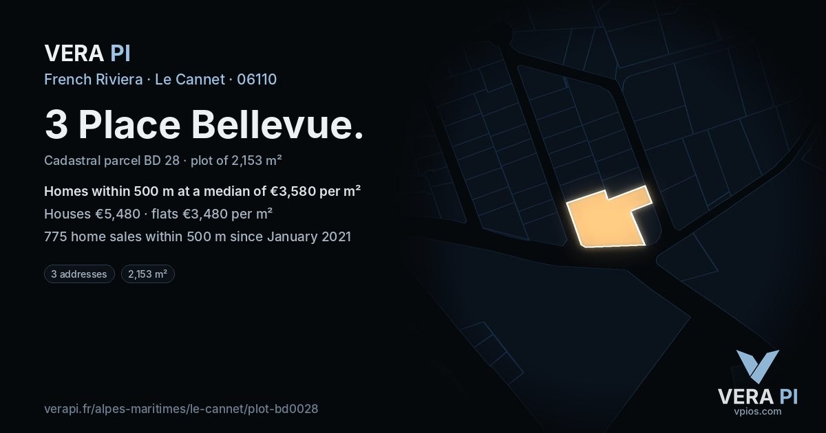 3 Place Bellevue, Le Cannet at night – the plot lit, the parcels around coloured by the prices near them