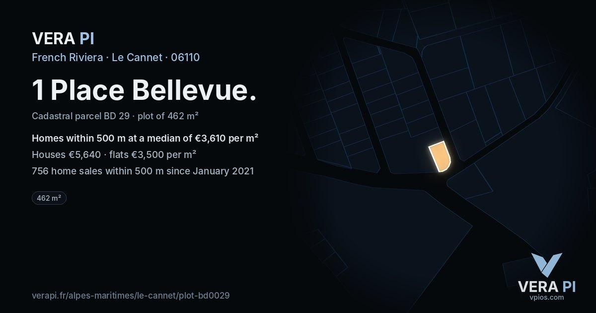 1 Place Bellevue, Le Cannet at night – the plot lit, the parcels around coloured by the prices near them
