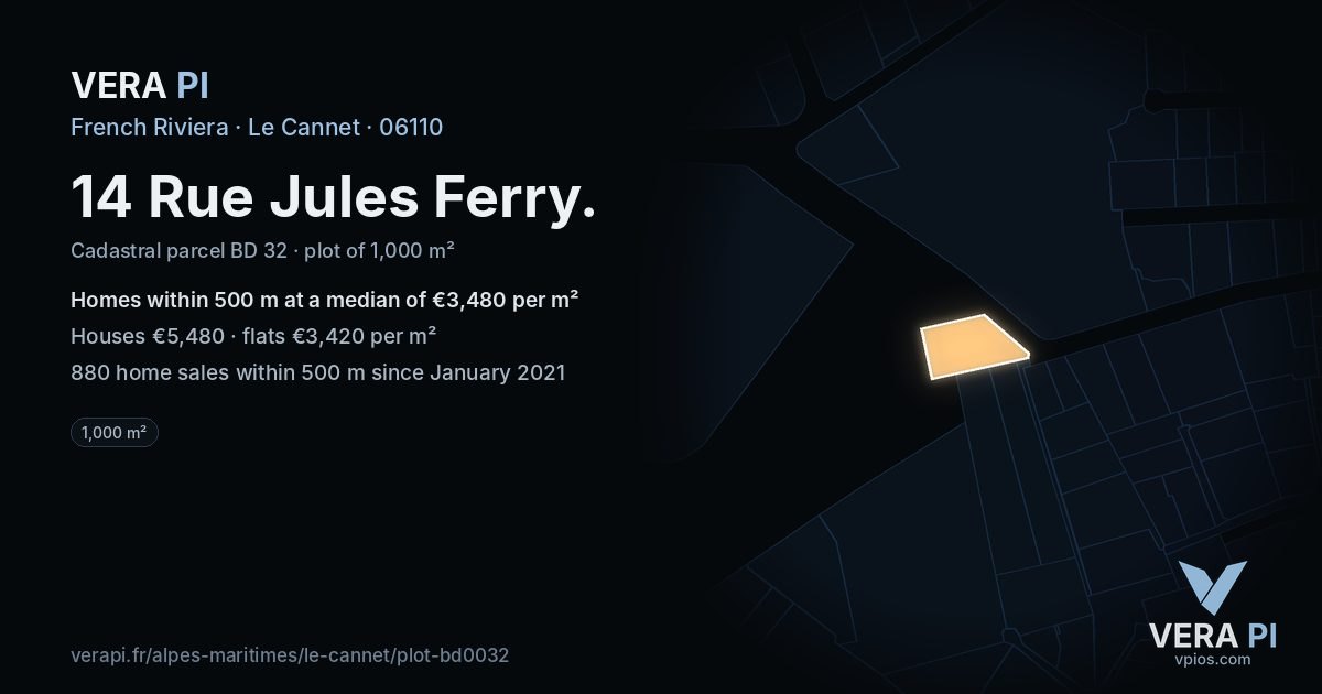 14 Rue Jules Ferry, Le Cannet at night – the plot lit, the parcels around coloured by the prices near them