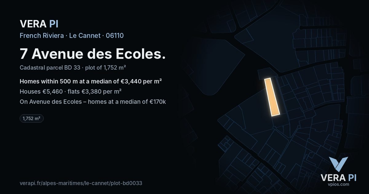 7 Avenue des Ecoles, Le Cannet at night – the plot lit, the parcels around coloured by the prices near them