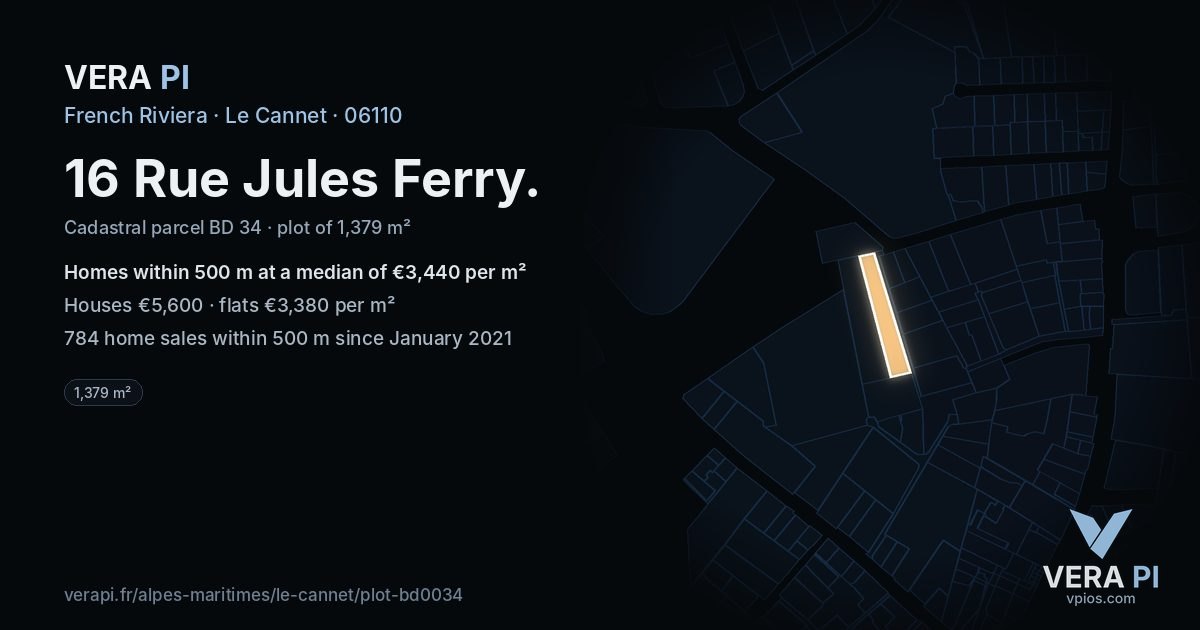 16 Rue Jules Ferry, Le Cannet at night – the plot lit, the parcels around coloured by the prices near them