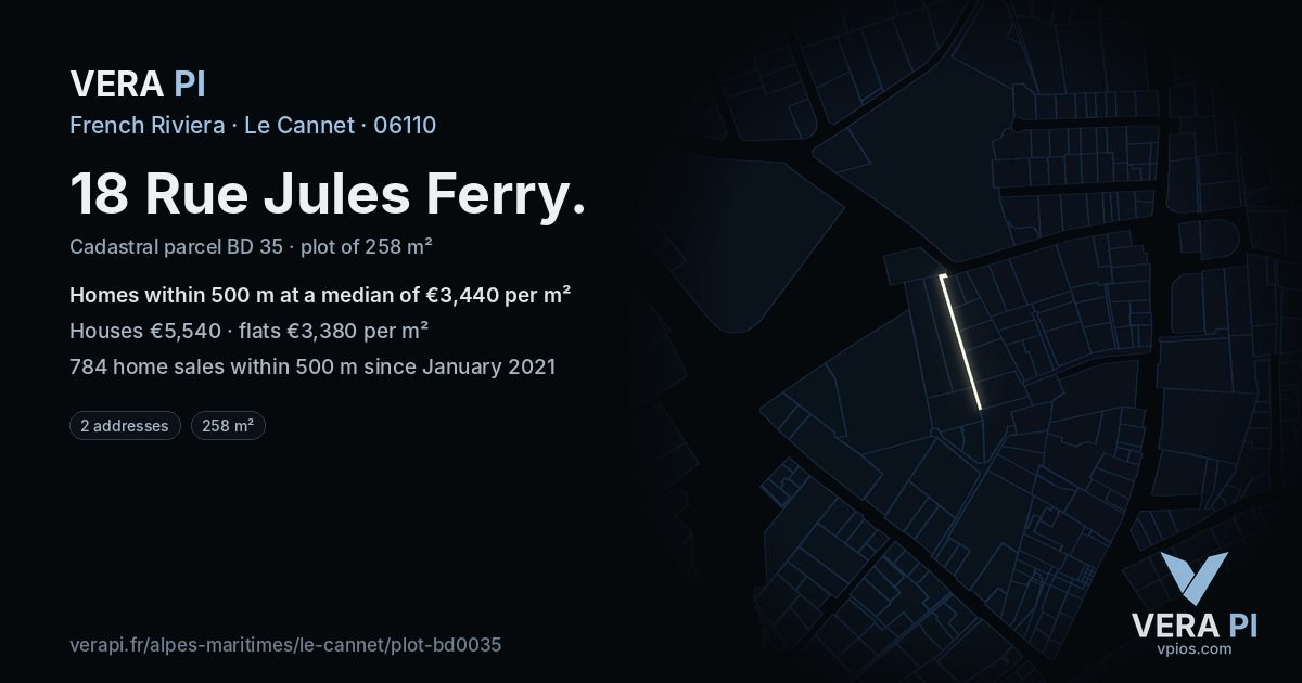 18 Rue Jules Ferry, Le Cannet at night – the plot lit, the parcels around coloured by the prices near them
