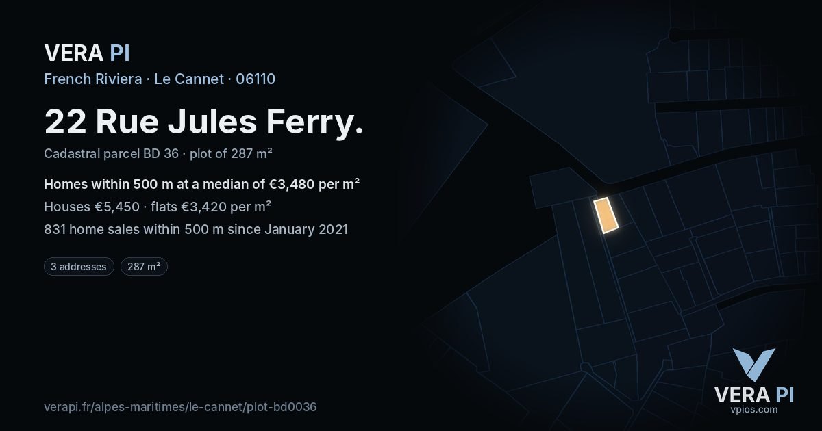 22 Rue Jules Ferry, Le Cannet at night – the plot lit, the parcels around coloured by the prices near them