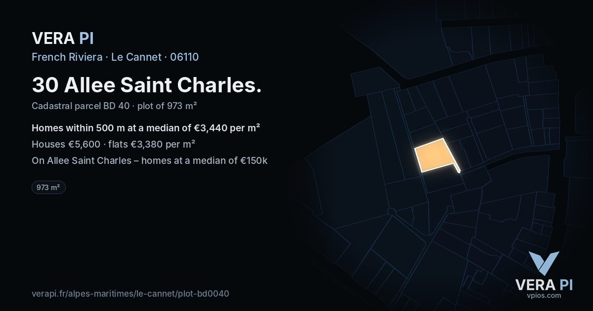 30 Allee Saint Charles, Le Cannet at night – the plot lit, the parcels around coloured by the prices near them