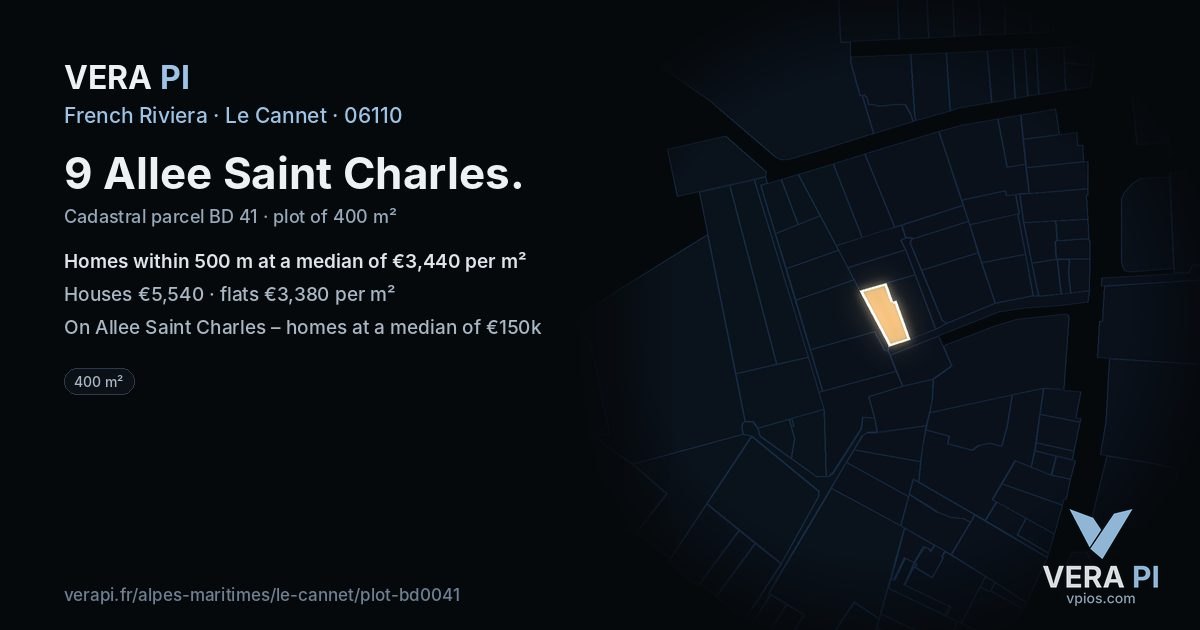 9 Allee Saint Charles, Le Cannet at night – the plot lit, the parcels around coloured by the prices near them