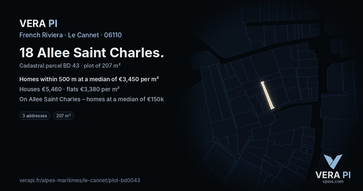 18 Allee Saint Charles, Le Cannet at night – the plot lit, the parcels around coloured by the prices near them