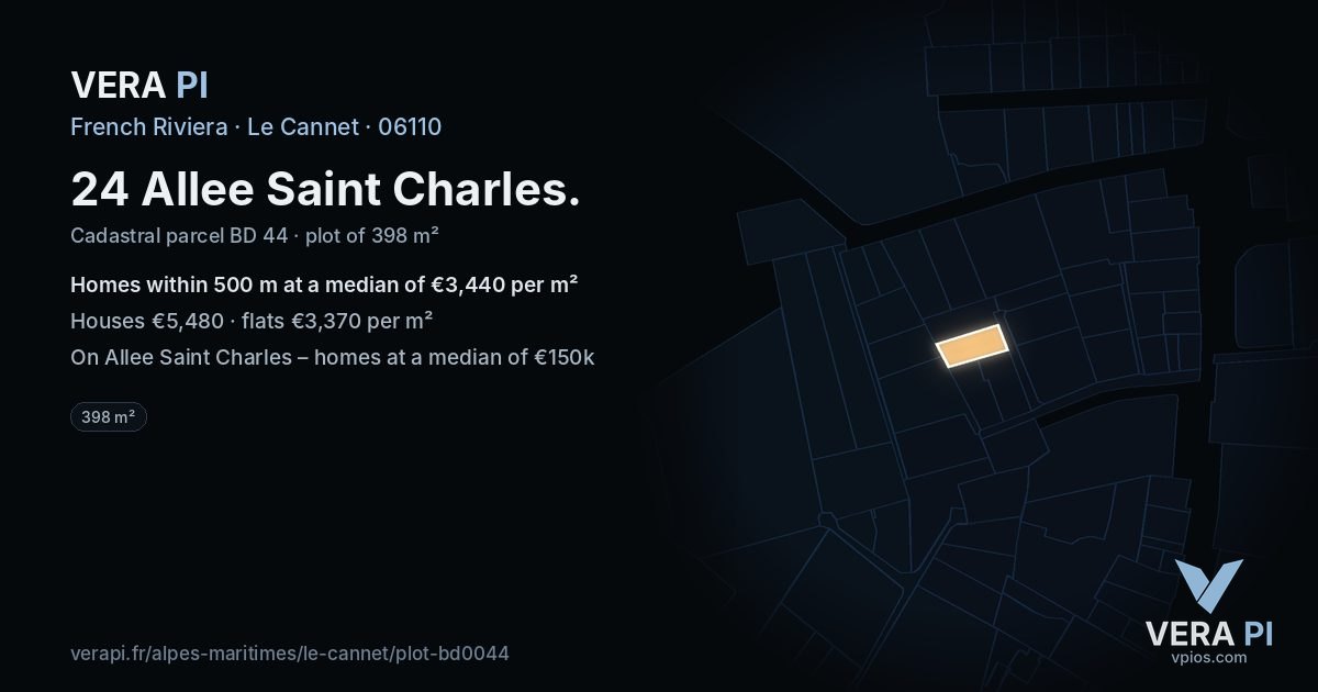 24 Allee Saint Charles, Le Cannet at night – the plot lit, the parcels around coloured by the prices near them