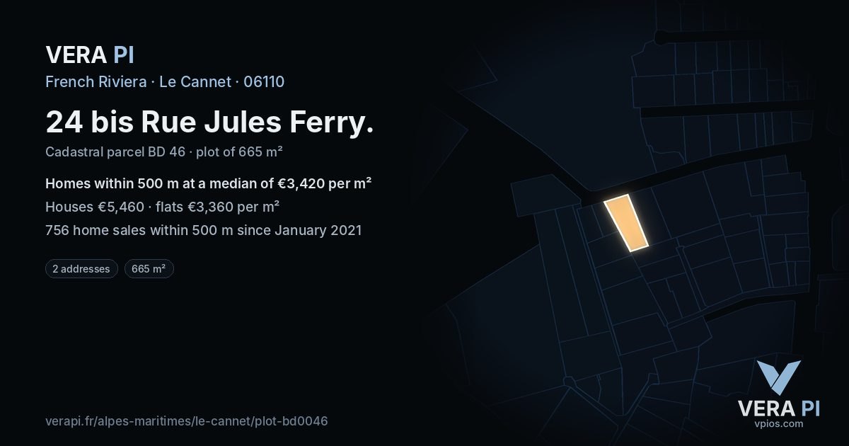 24 bis Rue Jules Ferry, Le Cannet at night – the plot lit, the parcels around coloured by the prices near them