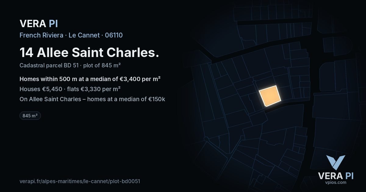 14 Allee Saint Charles, Le Cannet at night – the plot lit, the parcels around coloured by the prices near them