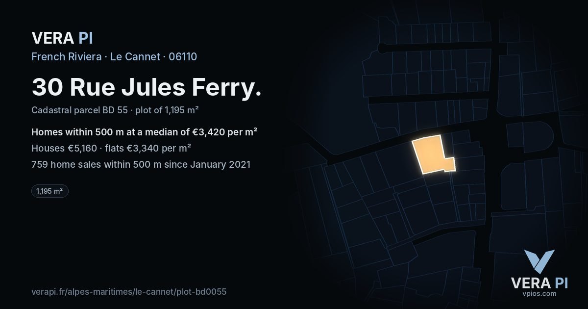 30 Rue Jules Ferry, Le Cannet at night – the plot lit, the parcels around coloured by the prices near them