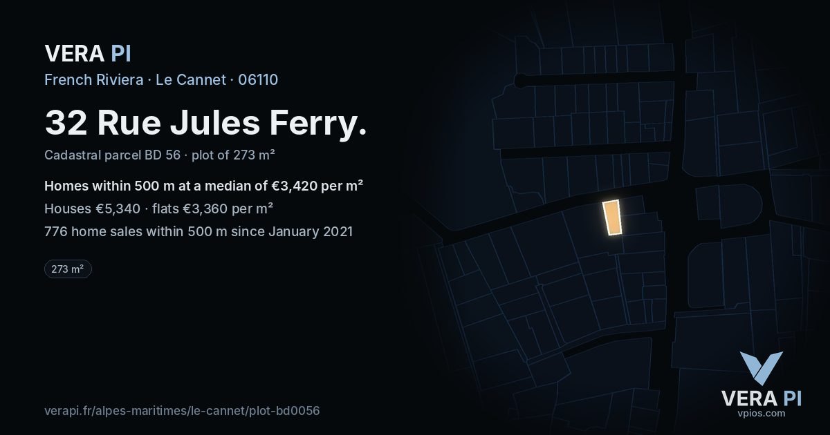 32 Rue Jules Ferry, Le Cannet at night – the plot lit, the parcels around coloured by the prices near them