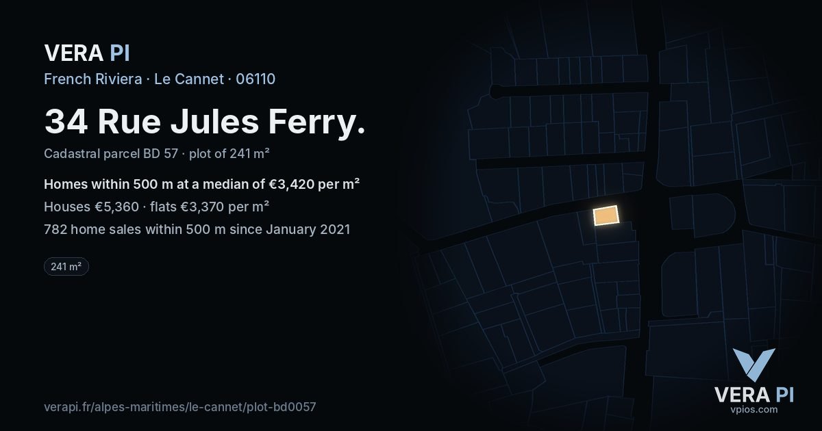 34 Rue Jules Ferry, Le Cannet at night – the plot lit, the parcels around coloured by the prices near them