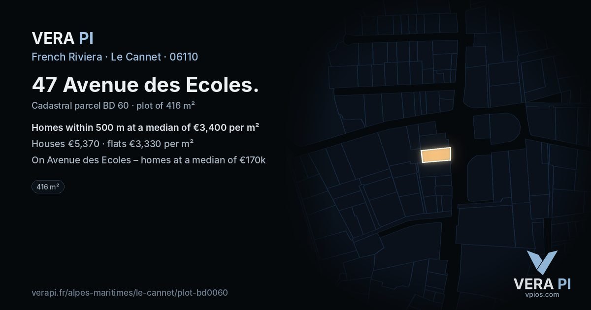 47 Avenue des Ecoles, Le Cannet at night – the plot lit, the parcels around coloured by the prices near them