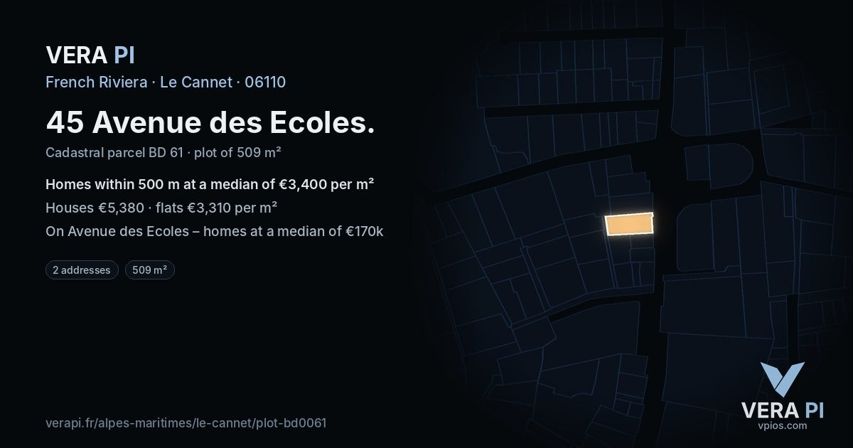 45 Avenue des Ecoles, Le Cannet at night – the plot lit, the parcels around coloured by the prices near them