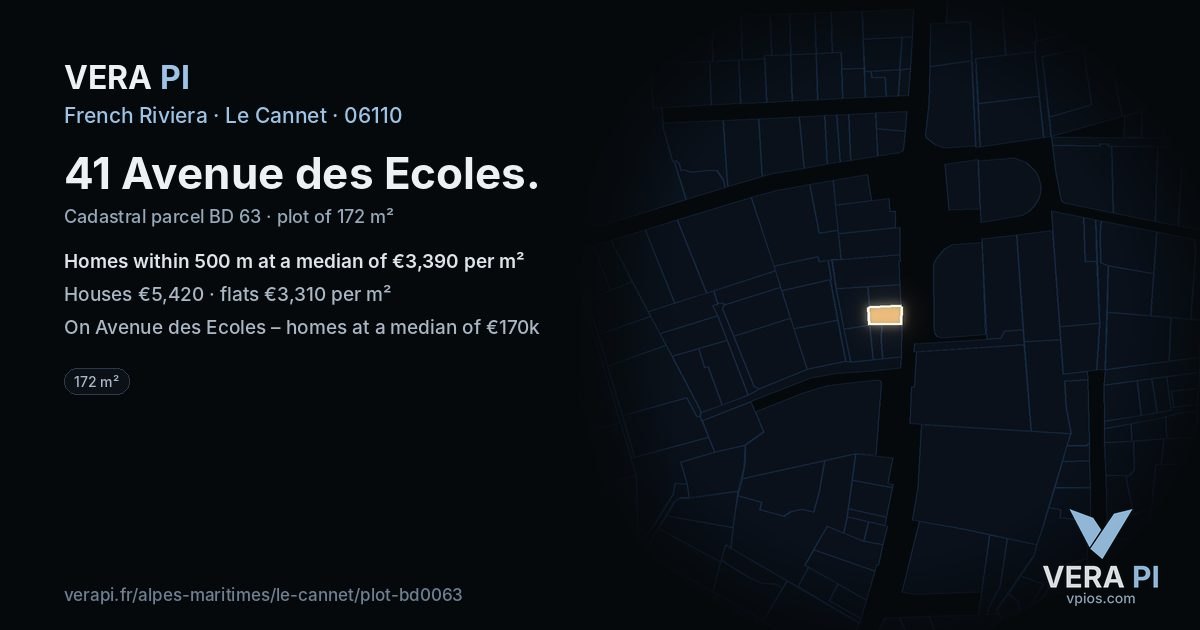 41 Avenue des Ecoles, Le Cannet at night – the plot lit, the parcels around coloured by the prices near them