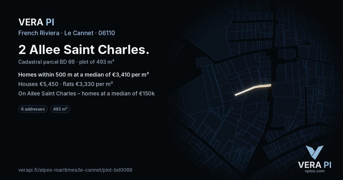 2 Allee Saint Charles, Le Cannet at night – the plot lit, the parcels around coloured by the prices near them