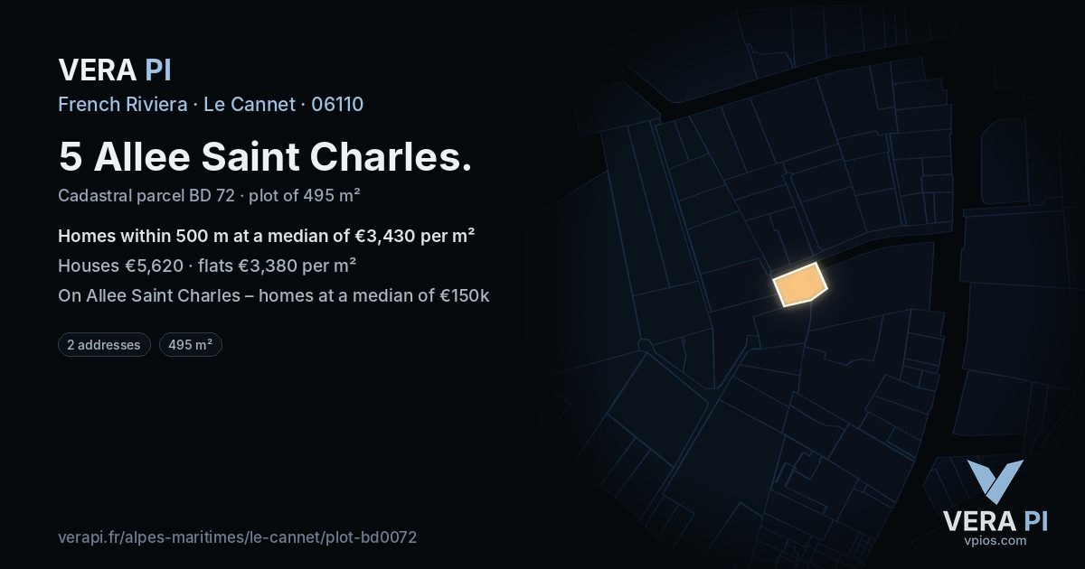5 Allee Saint Charles, Le Cannet at night – the plot lit, the parcels around coloured by the prices near them