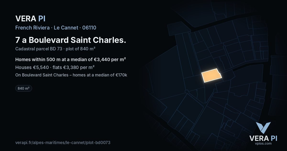 7 a Boulevard Saint Charles, Le Cannet at night – the plot lit, the parcels around coloured by the prices near them