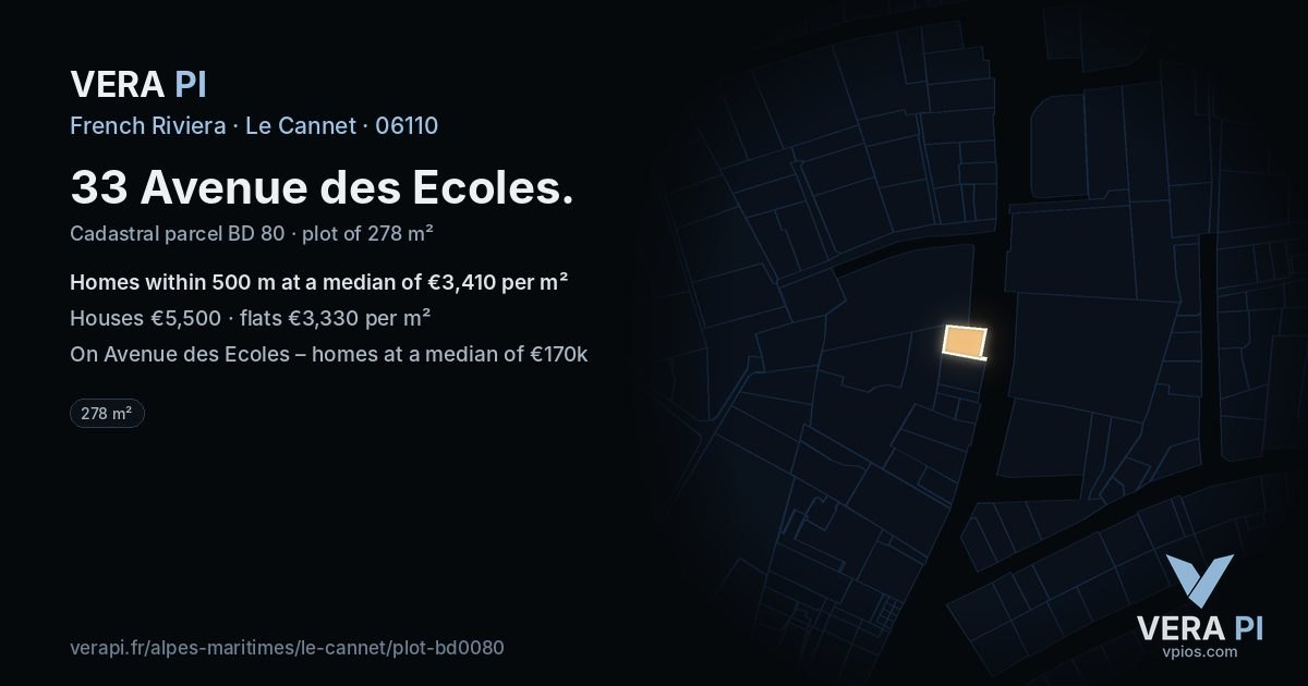 33 Avenue des Ecoles, Le Cannet at night – the plot lit, the parcels around coloured by the prices near them