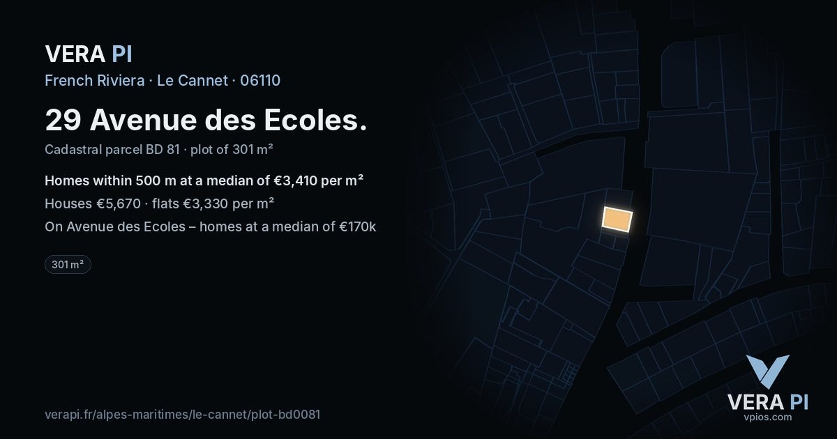 29 Avenue des Ecoles, Le Cannet at night – the plot lit, the parcels around coloured by the prices near them