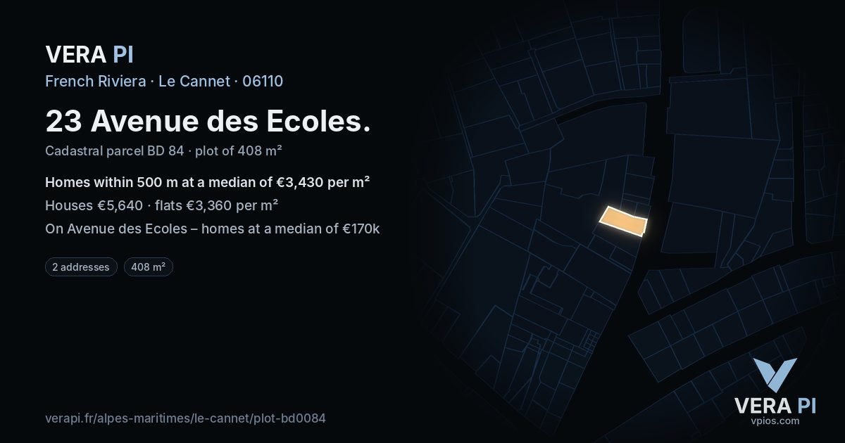 23 Avenue des Ecoles, Le Cannet at night – the plot lit, the parcels around coloured by the prices near them