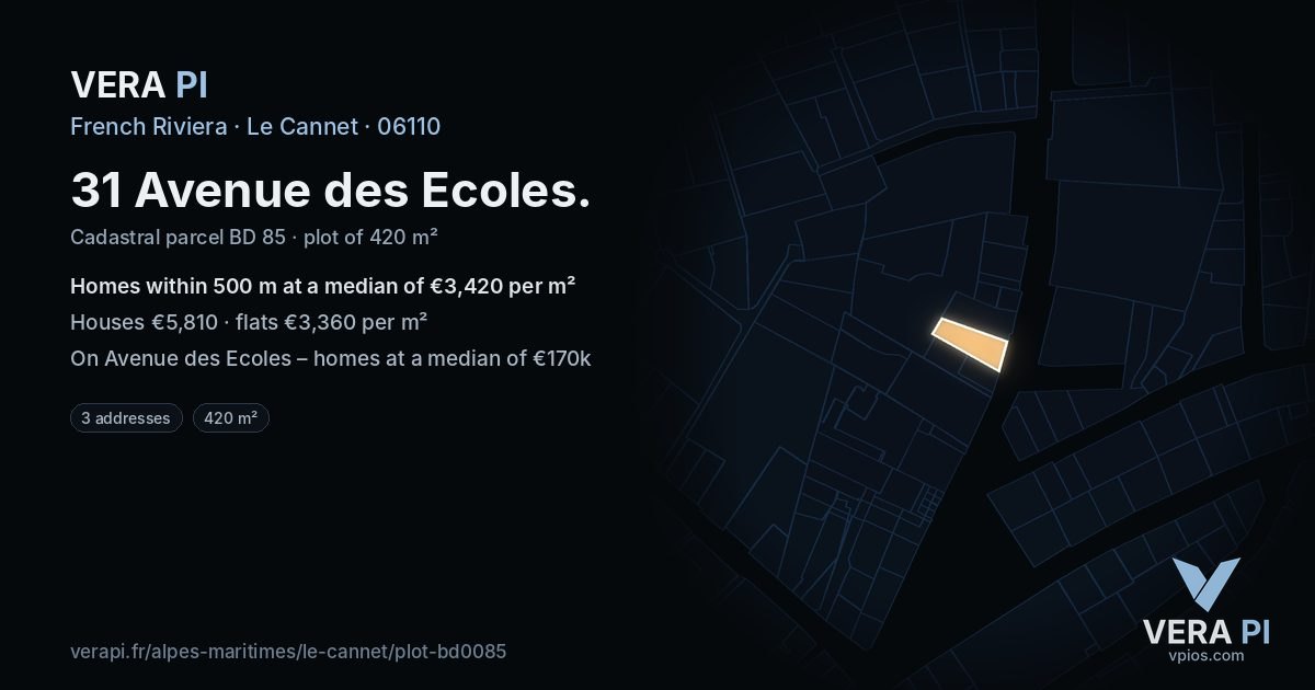 31 Avenue des Ecoles, Le Cannet at night – the plot lit, the parcels around coloured by the prices near them