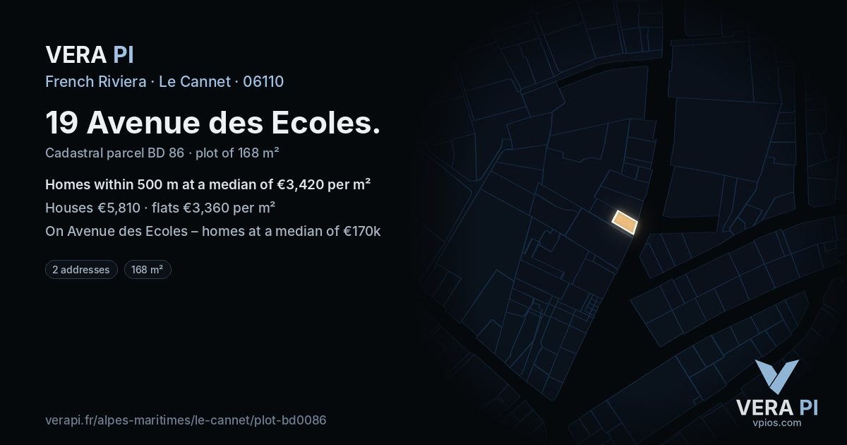 19 Avenue des Ecoles, Le Cannet at night – the plot lit, the parcels around coloured by the prices near them