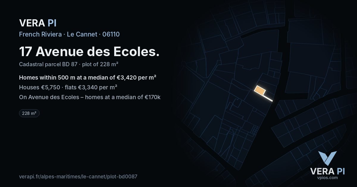 17 Avenue des Ecoles, Le Cannet at night – the plot lit, the parcels around coloured by the prices near them