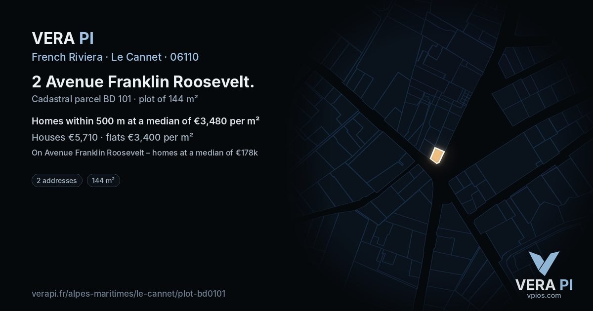 2 Avenue Franklin Roosevelt, Le Cannet at night – the plot lit, the parcels around coloured by the prices near them