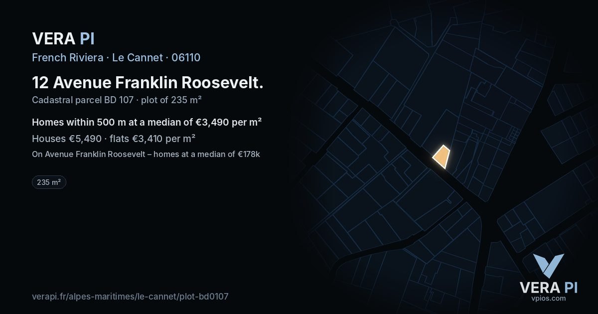 12 Avenue Franklin Roosevelt, Le Cannet at night – the plot lit, the parcels around coloured by the prices near them