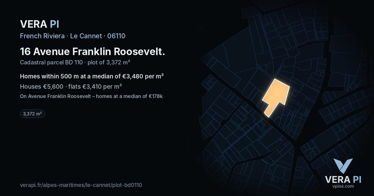 16 Avenue Franklin Roosevelt, Le Cannet at night – the plot lit, the parcels around coloured by the prices near them