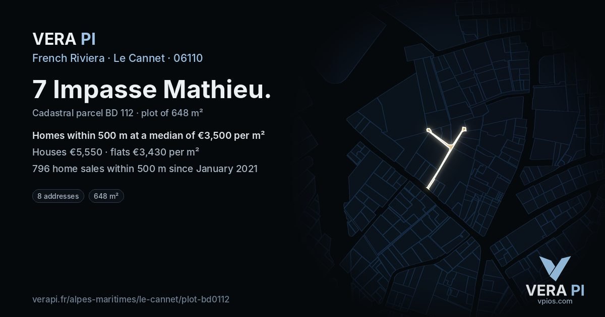 7 Impasse Mathieu, Le Cannet at night – the plot lit, the parcels around coloured by the prices near them