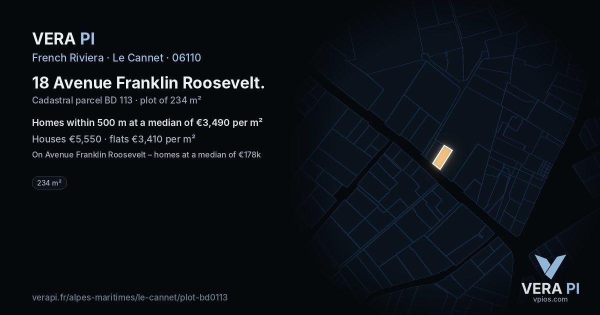 18 Avenue Franklin Roosevelt, Le Cannet at night – the plot lit, the parcels around coloured by the prices near them